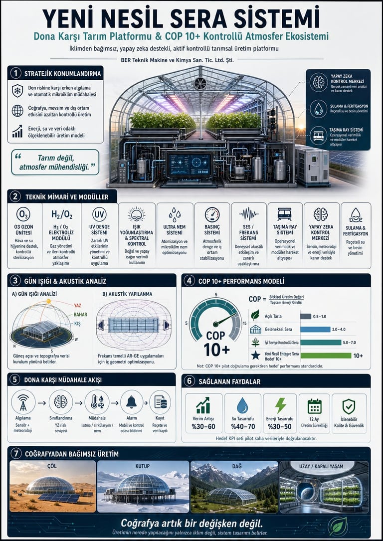 Infographic showing new generation greenhouse system with climate control technology, featuring technical specifications and performance metrics