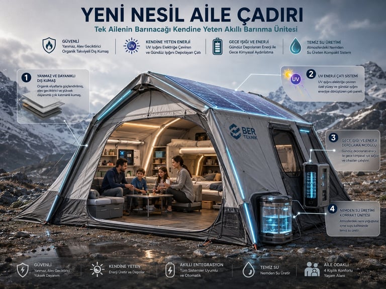 Modern high-tech emergency shelter tent with transparent dome design, people inside, surrounded by mountains, with labeled features and icons