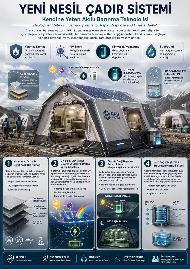 Infographic showing an emergency tent deployment system with sustainable technologies including solar power, water filtration, and insulation features