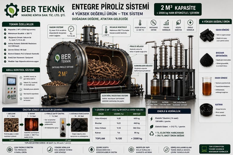 BER TEKNIK integrated biomass heating system with 2 cubic meter capacity tank, processing equipment, and technical specifications diagram