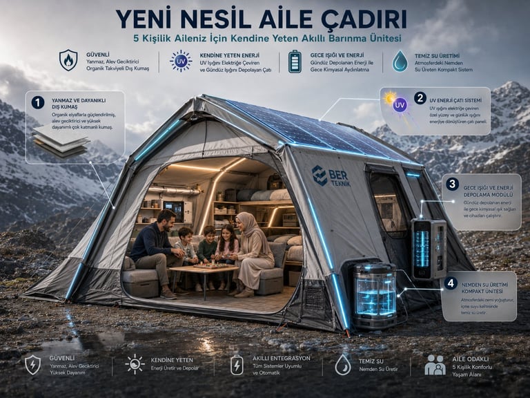Modern camping tent with solar panels and water filtration system, featuring two people inside with labeled amenities and features in Turkish
